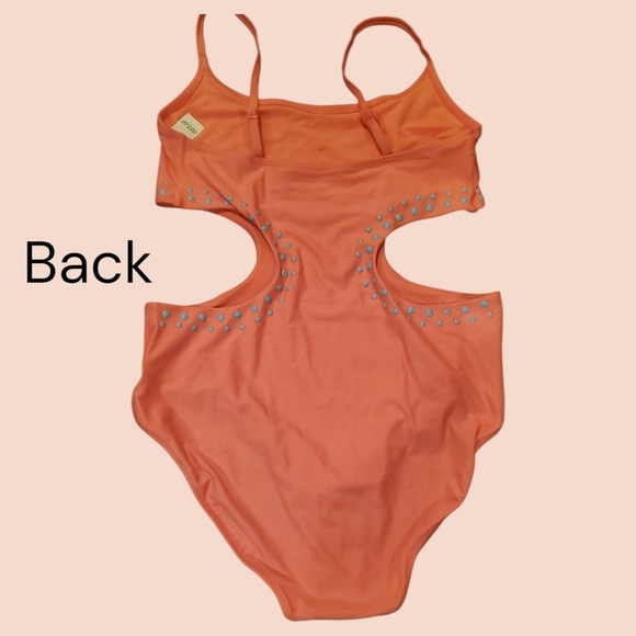 aerie Coral One-Piece Swimsuit with Cutout and Blue Studs. Size XL - Picture 3 of 4